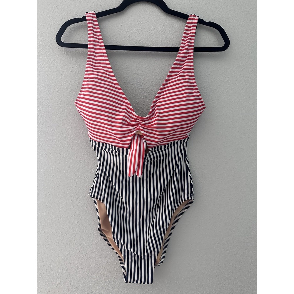 J.Crew Women's M One Piece Swimsuit Red Navy White Striped Tie Front